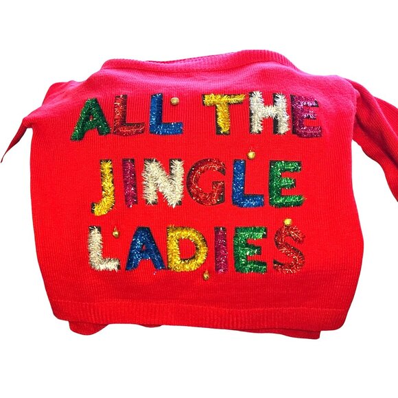 All The Jingle Ladies Ugly Christmas Sweater Bells Tinsel Open Shoulder Large - Picture 2 of 8